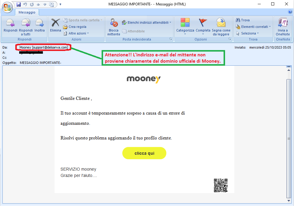 Clicca per ingrandire l'immagine della falsa e-mail di Mooney, il sistema di pagamento online che cerca di rubare i dati sensibili del destinatario...