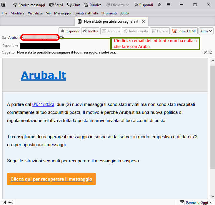 Clicca per ingrandire l'immagine della falsa e-mail di Aruba che comunica che vi sono 2 messaggi in sospeso sull'account di posta ma in realtà è una TRUFFA!