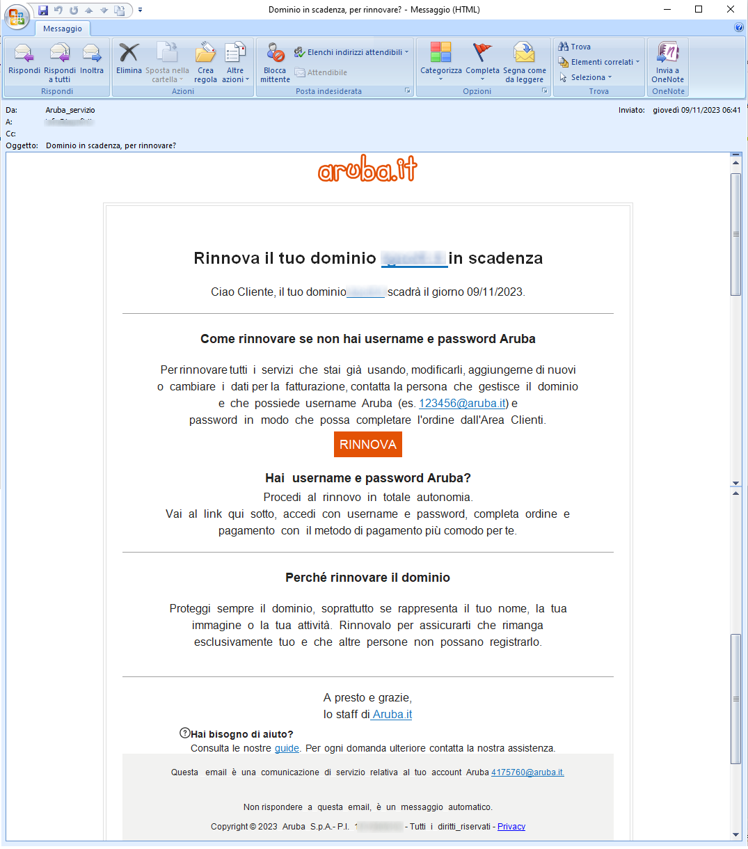Clicca per ingrandire l'immagine della falsa e-mail di Aruba che comunica che il suo dominio è in scadenza, ma in realtà è una TRUFFA!