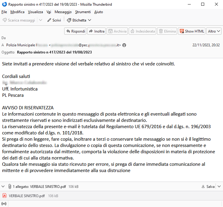 Clicca per ingrandire l'immagine della falsa e-mail della Polizia Provinciale di Pescara che induce l'utente a cliccare sul link, ma in realtà è una TRUFFA!