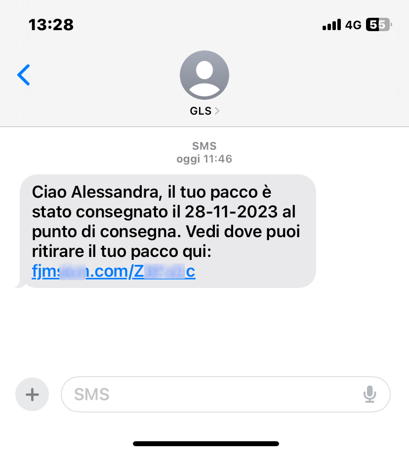 Clicca per ingrandire l'immagine del falso sms che il suo pacco è stato consegnato ma che si tratta di una TRUFFA! Clicca per ingrandire l'immagine del falso sms che informa il ricevente che il suo pacco è stato consegnato ma che si tratta di una TRUFFA!