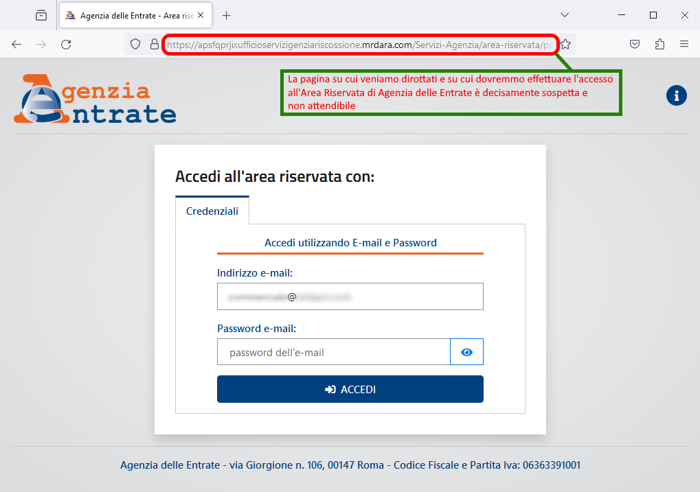Clicca per ingrandire l'immagine del falso sito di Agenzia delle Entrare cheinduce l'utente a effettuare l'accesso al suo account, ma in realtà è una TRUFFA!