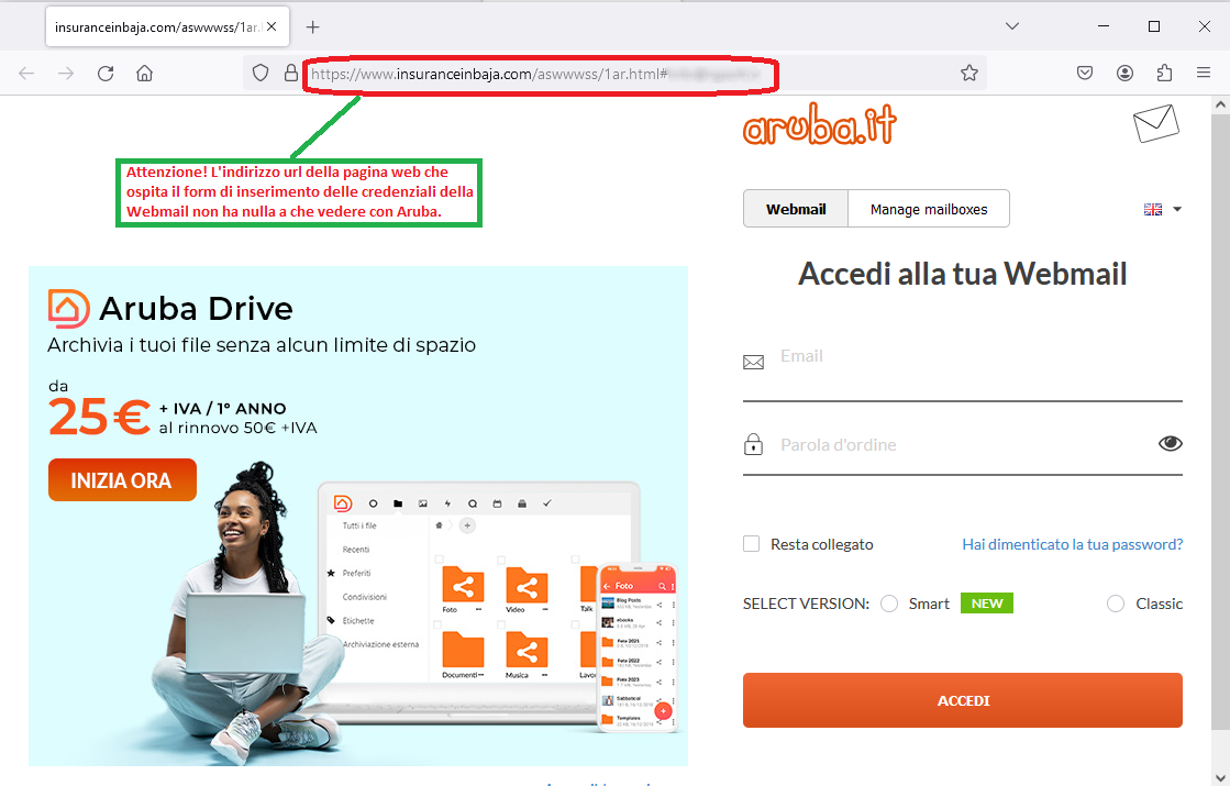 Clicca per ingrandire l'immagine del falso sito contraffatto di Aruba per l'inserimento delle credenziali di accesso all'account di posta elettronica...ma in realtà è una TRUFFA!