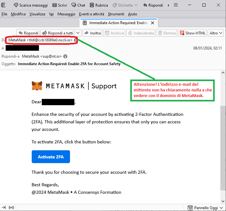 Clicca per ingrandire l'immagine della falsa e-mail di Metamask, che cerca di rubare le credenziali di accesso all'account.