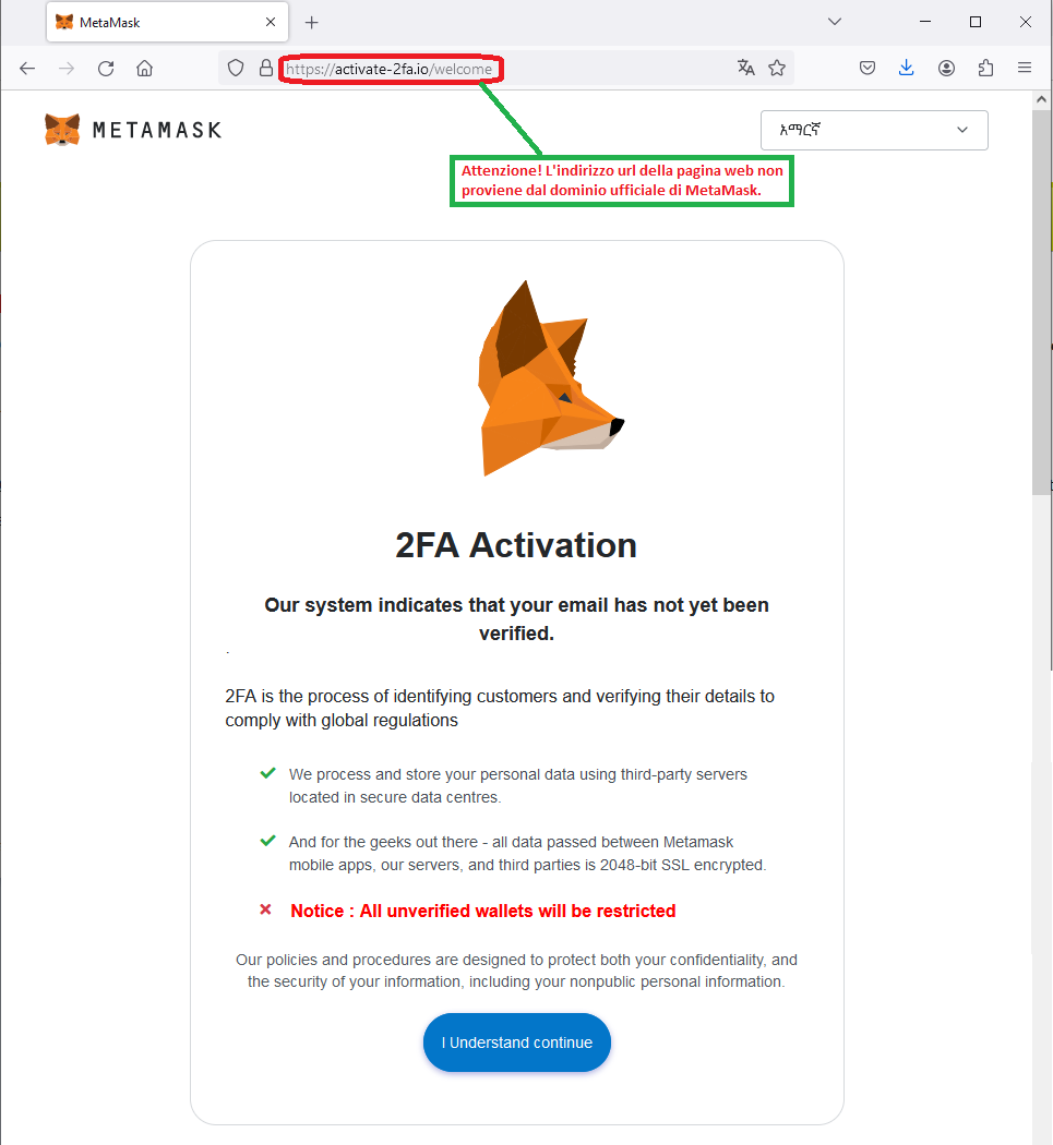 Clicca per ingrandire l'immagine del falso sito contraffatto di MetaMask per l'inserimento delle credenziali di accesso all'account...ma in realtà è una TRUFFA!