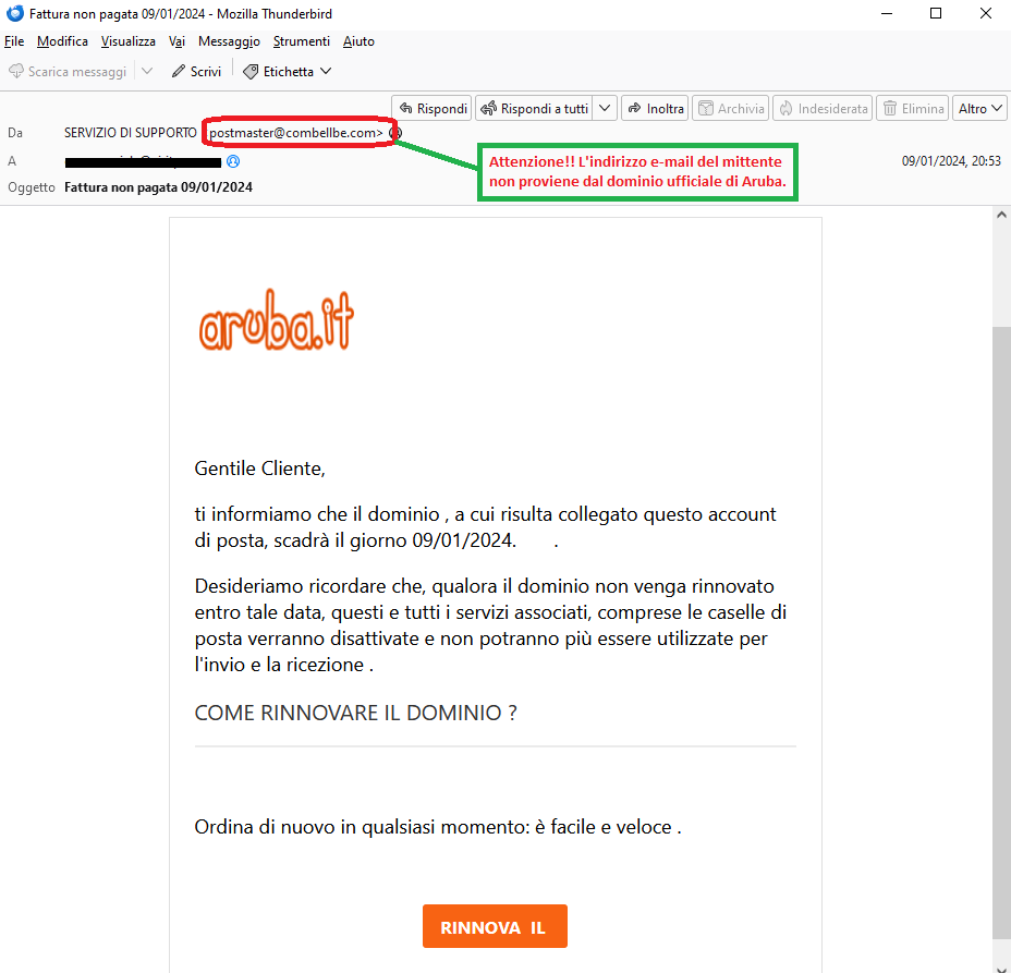 Clicca per ingrandire l'immagine della falsa e-mail di Aruba che induce l'utente ad effettuare il rinnovo del dominio, ma in realtà è una TRUFFA!