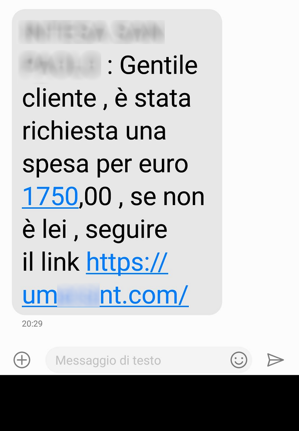 Clicca per ingrandire l'immagine del falso sms di un noto Istituto Bancario, che cerca di rubare i dati dell'HomeBankingt...