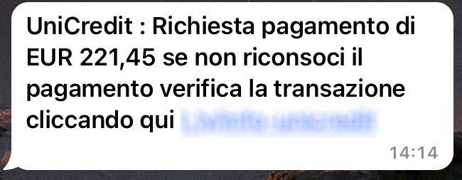 Clicca per ingrandire l'immagine del falso SMS che sembra giungere da Unicredit che cerca di rubare i codici dell'accesso all'home banking dell'ignaro ricevente. Clicca per ingrandire l'immagine del falso SMS che sembra giungere da Unicredit che cerca di rubare i codici dell'accesso all'home banking dell'ignaro ricevente.