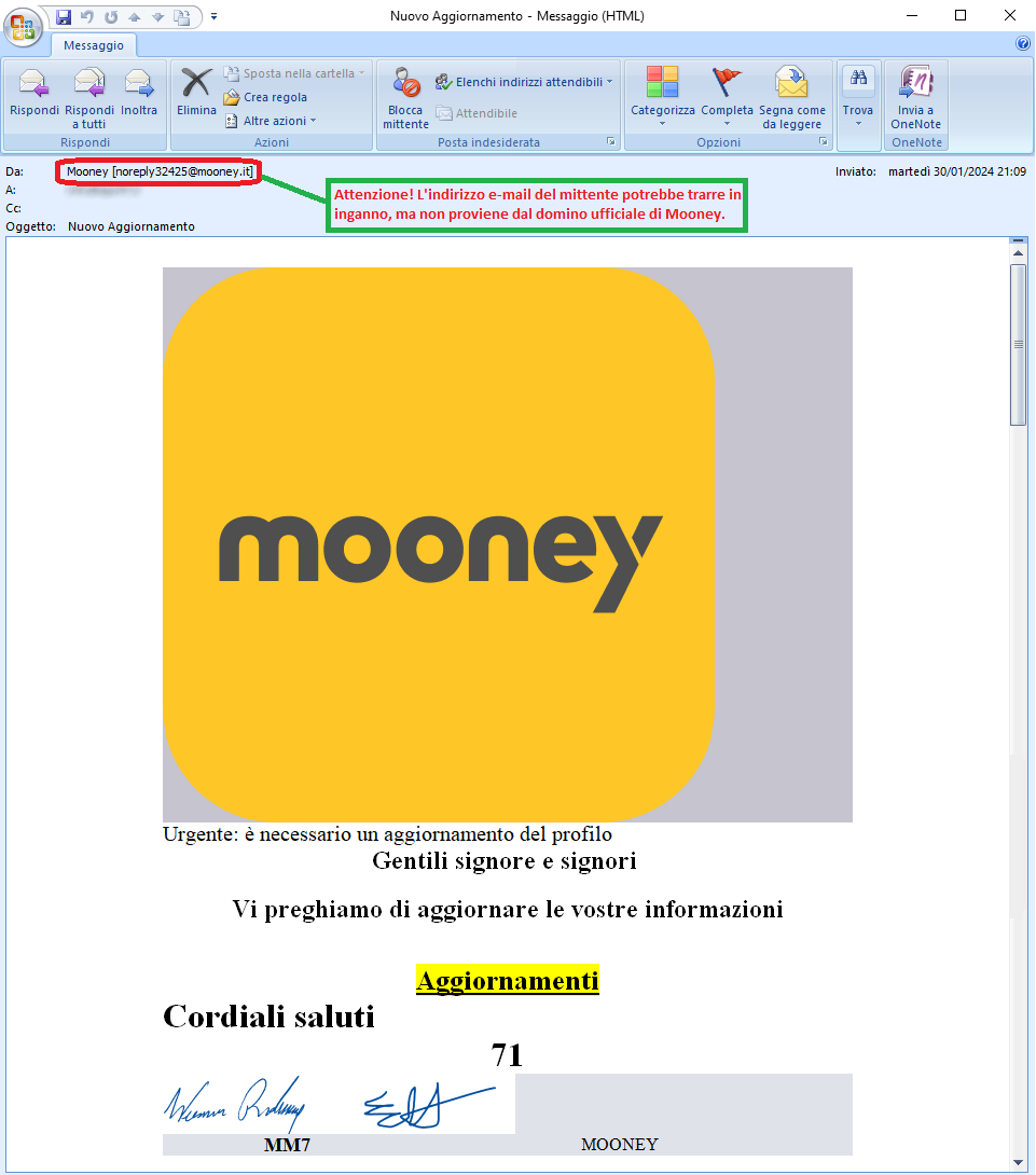 Clicca per ingrandire l'immagine della falsa e-mail di Mooney, il sistema di pagamento online che cerca di rubare i dati sensibili del destinatario...