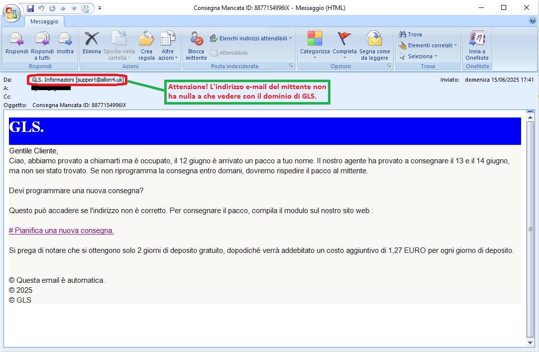 Clicca per ingrandire l'immagine del falso messaggio che informa il ricevente che c'è un pacco in attesa di consegna ma che si tratta di una TRUFFA! Clicca per ingrandire l'immagine del falso messaggio che informa il ricevente che c'è un pacco in attesa di consegna ma che si tratta di una TRUFFA!
