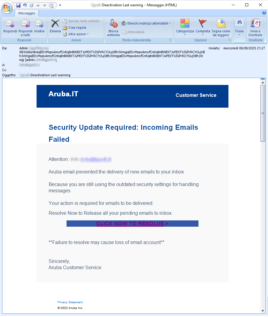Clicca per ingrandire l'immagine della falsa e-mail di Aruba chhe induce l'utente ad effettuare l'accesso al asuo account...in realtà è una TRUFFA! Clicca per ingrandire l'immagine della falsa e-mail di Aruba che induce l'utente ad effettuare l'accesso al asuo account...in realtà è una TRUFFA!