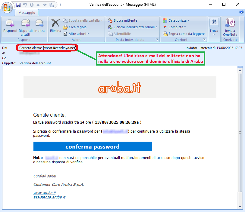 Clicca per ingrandire l'immagine della falsa e-mail di Aruba chhe induce l'utente ad effettuare l'accesso al asuo account...in realtà è una TRUFFA! Clicca per ingrandire l'immagine della falsa e-mail di Aruba che induce l'utente ad effettuare l'accesso al asuo account...in realtà è una TRUFFA!