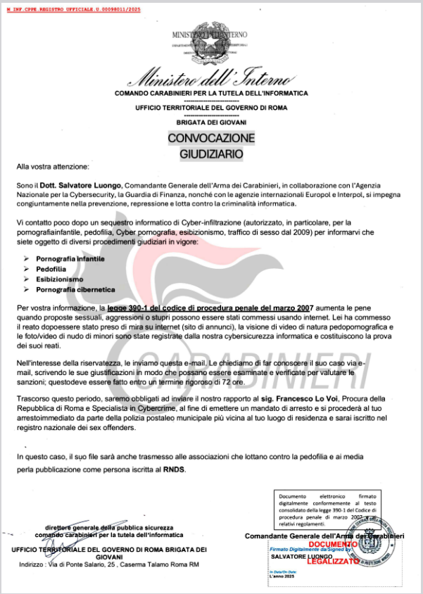 Clicca per ingrandire l'immagine dell'allegato relativo alla convocazione per inchiesta giudiziaria da parte dell'Arma dei Carabinieri, ma che in realtà è una TRUFFA! Clicca per ingrandire l'immagine dell'allegato relativo alla convocazione per inchiesta giudiziaria da parte dell'Arma dei Carabinieri, ma che in realtà è una TRUFFA!
