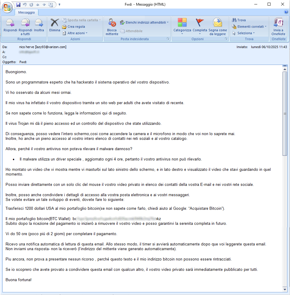 Clicca per ingrandire l'immagine del tentativo di RICATTO VIA E-MAIL, che minaccia l'utente di inviare un video di lui mentre guardi SITI x Adulti... Clicca per ingrandire l'immagine del tentativo di RICATTO VIA E-MAIL, che minaccia l'utente di inviare un video di lui mentre guardi SITI x Adulti...