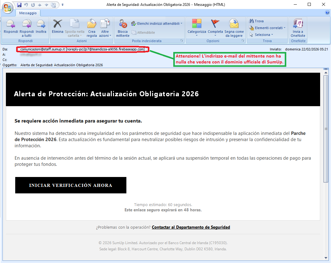 Clicca per ingrandire l'immagine della falsa e-mail che cerca di indurre il ricevente a inserire le credenziali di accesso all'account di SumUp