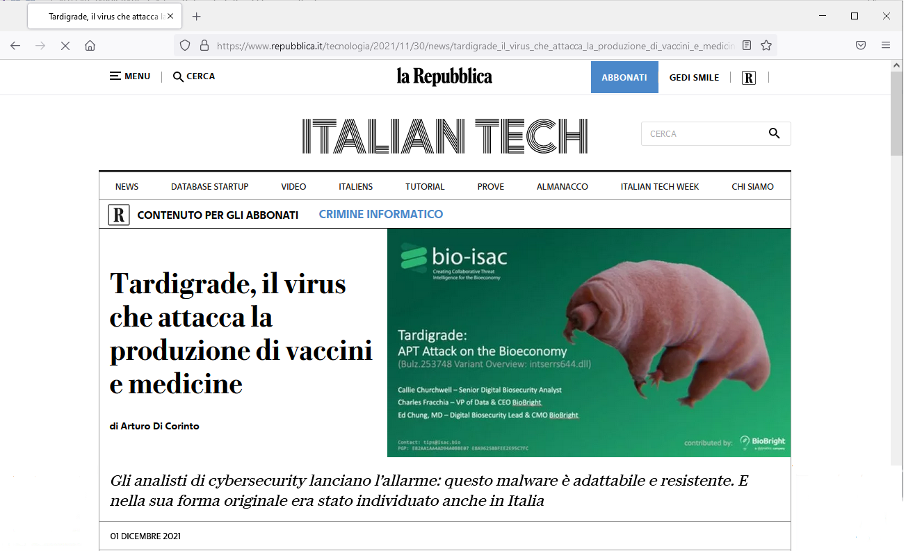 Dall'articolo di ItalianTech/LaRepubblica <<TARDIGRADE: il virus che attacca la produzione di vaccini e medicine>> con un commento di Gianfranco Tonello, CEO di TG Soft.