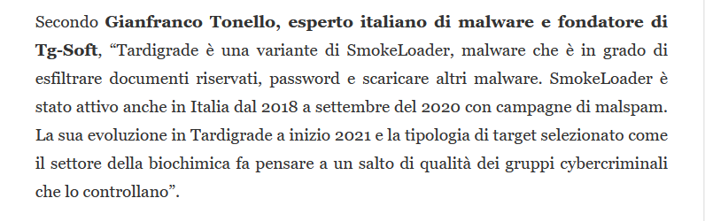 Commento di Gianfranco Tonello esperto in materia di malware e di CyberSecurity italiana, nell'articolo di ItalianTech/LaRepubblica.