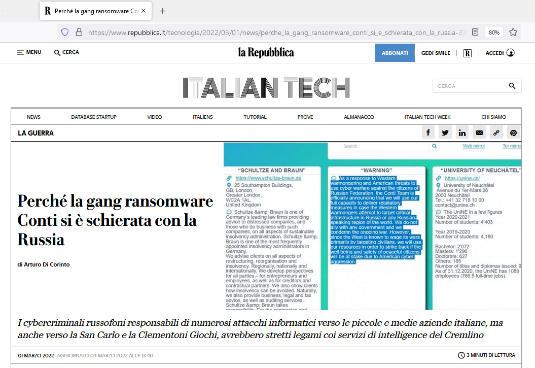 Dall'articolo di ItalianTech/LaRepubblica <<Perché la gang ransomware Conti si è schierata con la Russia>> con un commento di Gianfranco Tonello, CEO di TG Soft.