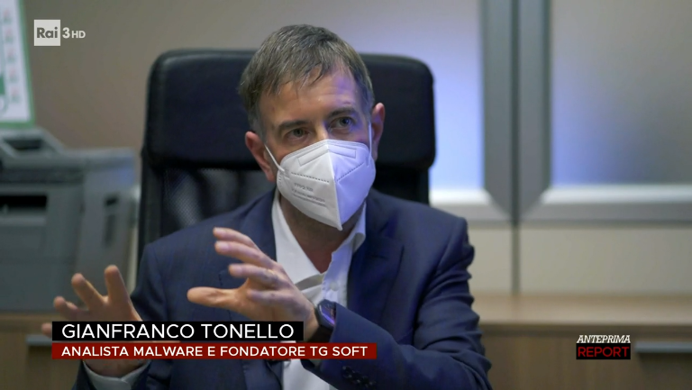 RAI3 Report: <<Il Virus del Riscatto>> di Lucina Paternesi con il contributo di Gianfranco Tonello Malware Analyst e co-fondatore di TGSoft Rai3 Report => Gianfranco Tonello Analista Malware e fondatore di TG Soft.