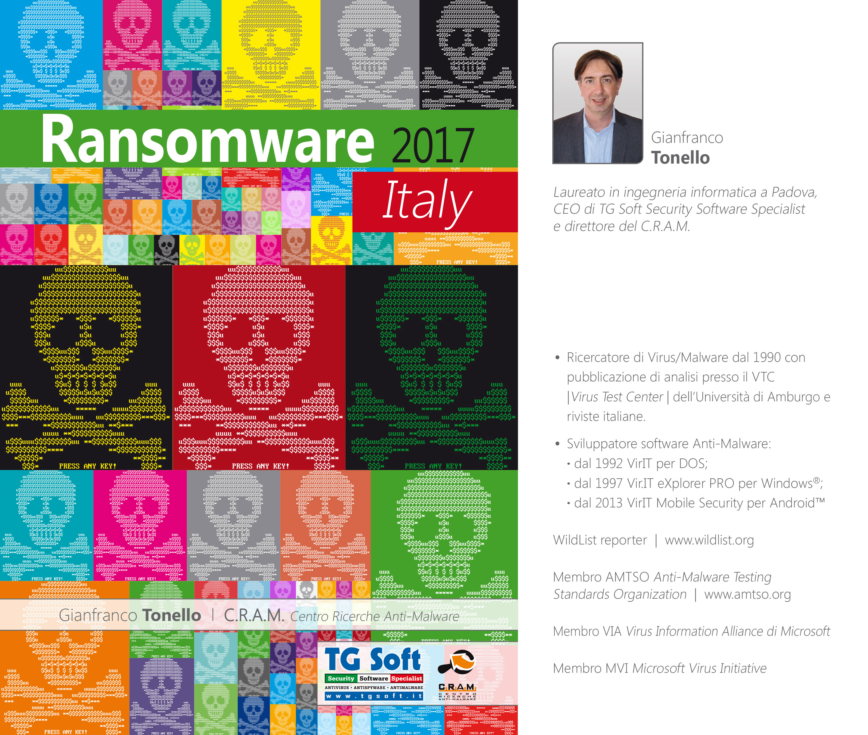 La copertina del Report "Ransomware 2017 Italy" autore Gianfranco Tonello sui dati del Centro Ricerche Anti-Malware di TG Soft