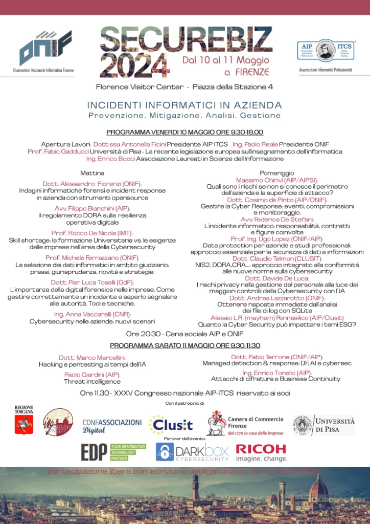 Clicca per scaricare il programma dell'evento "Incidenti informatici in azienda" - 10 e11 maggio 2024 a Firenze