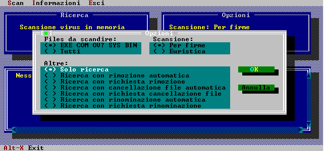 L'interfaccia di VirIT per Ms-Dos dal 1993... La finestra delle opzioni dello scansore