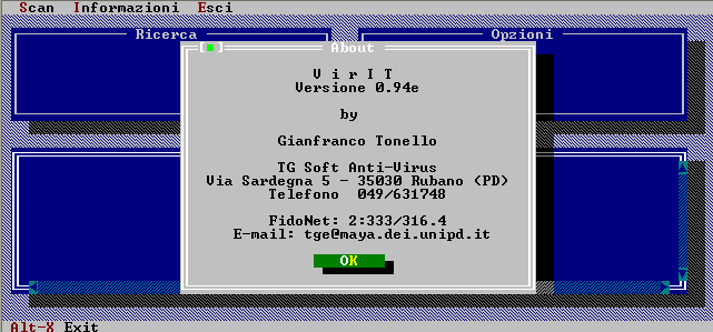 L'interfaccia di VirIT per Ms-Dos dal 1993... La finestra di About