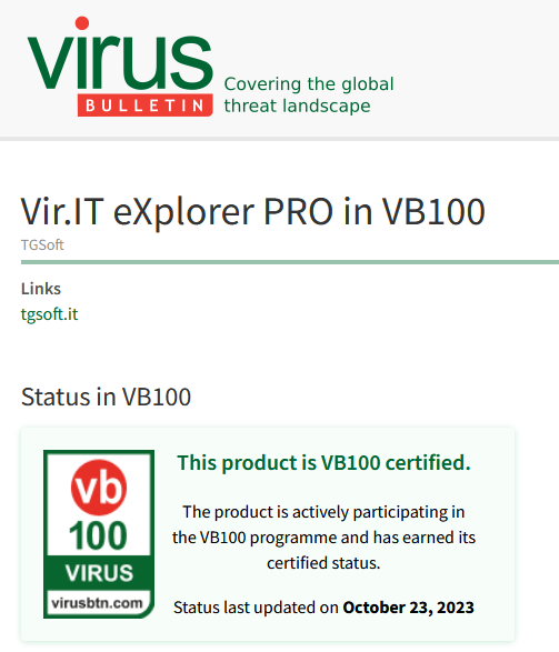 VB100 superato il test di Ottobre 2023 => Clicca per ingrandire