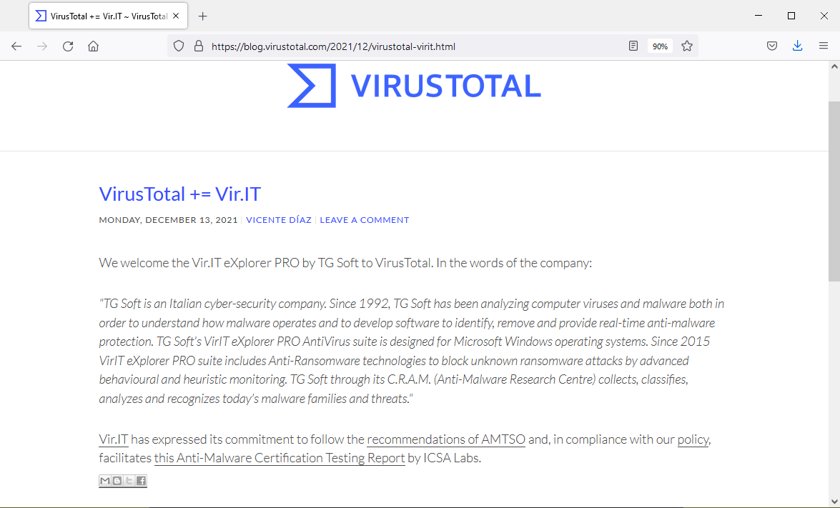 Vir.IT eXplorer avendo un motore di scansione proprietario entra nella piattaforma multiscansore VirusTotal