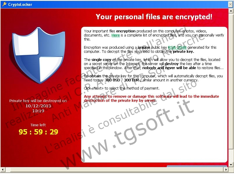 Screenshot of a CryptoLocker attack aftermath