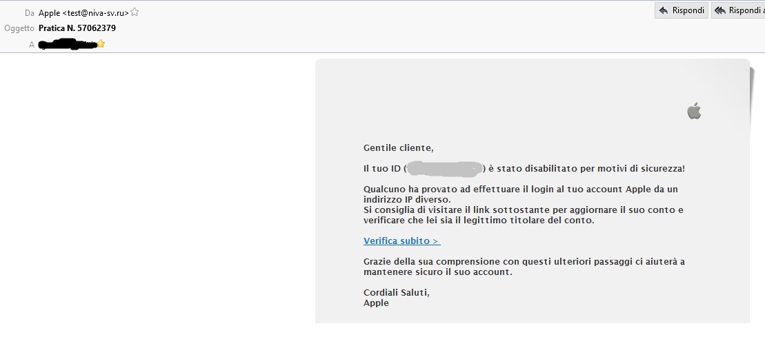 Clicca per ingrandire l'immagine della Falsa e-mail di APPLE che cerca di rubare le credenziali di accesso all'APPLE Store