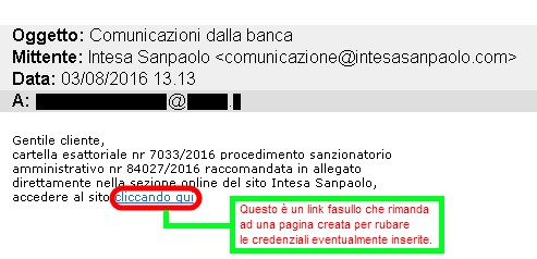 Clicca per ingrandire l'immagine della falsa e-mail di Intesa Sanpaolo, che cerca di rubare le credenziali del conto corrente online.
