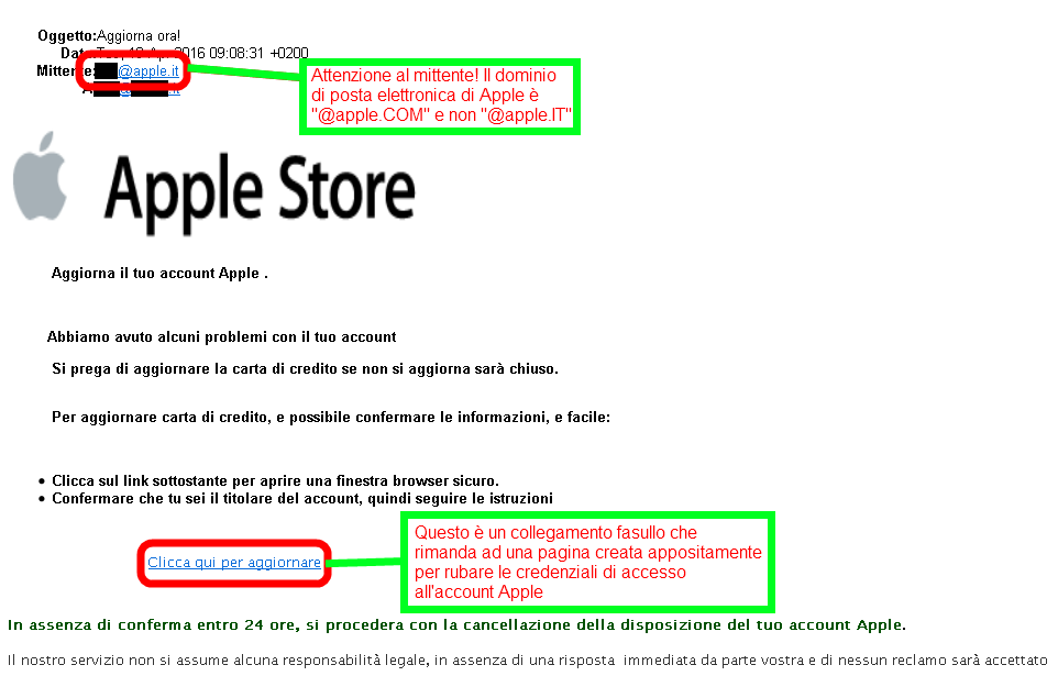 Clicca per ingrandire l'immagine della Falsa e-mail Apple Inc. che cerca di rubare i dati dell'account