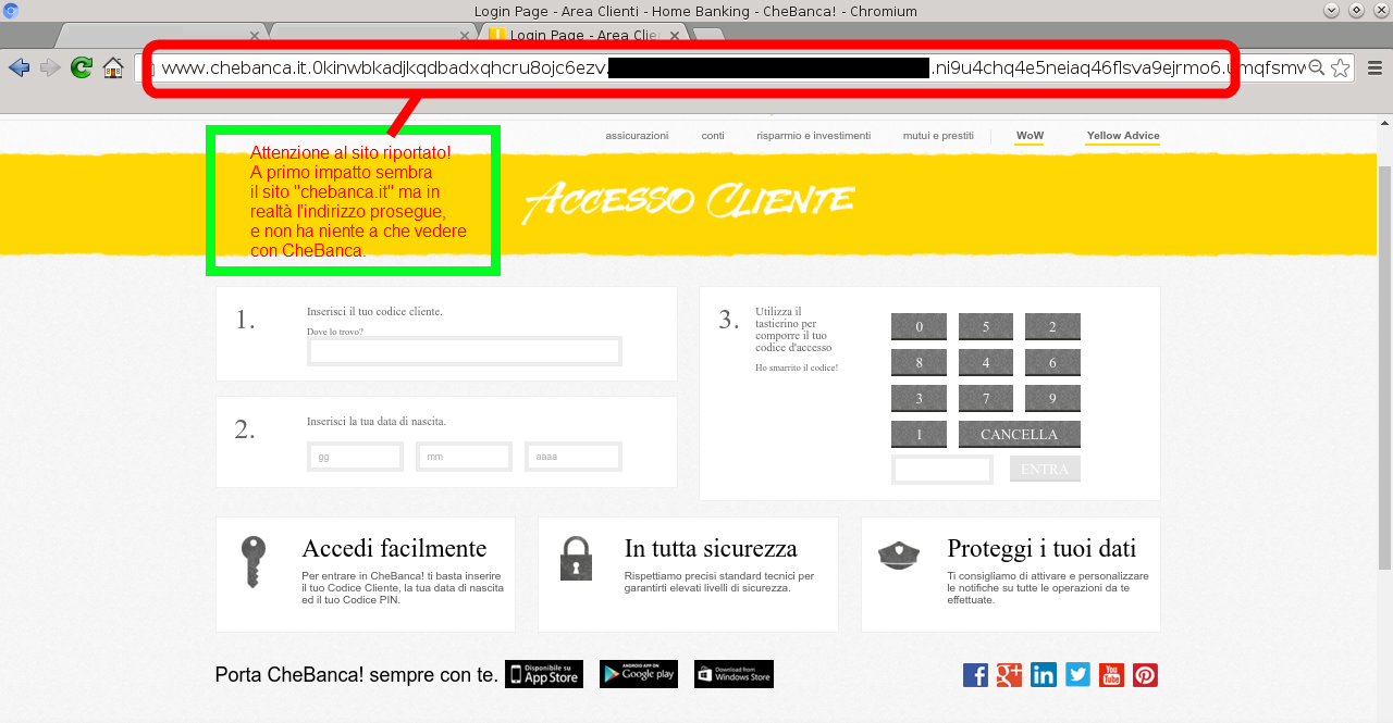Clicca per ingrandire l'immagine del Falso sito CHEBANCA che cerca di rubare i dati della carta di credito