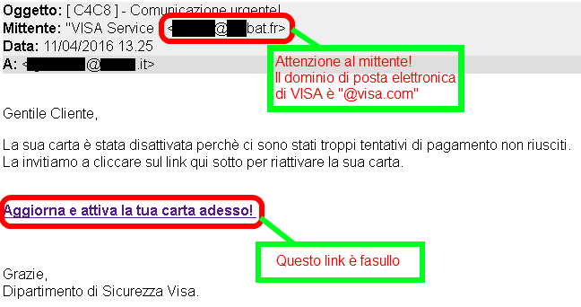 Clicca per ingrandire l'immagine della Falsa e-mail VISA che cerca di rubare di rubare i dati della carta di credito
