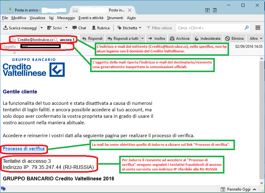 Clicca per ingrandire l'immagine della falsa e-mail del Credito Valtellinese, che cerca di rubare le credenziali del conto corrente online.