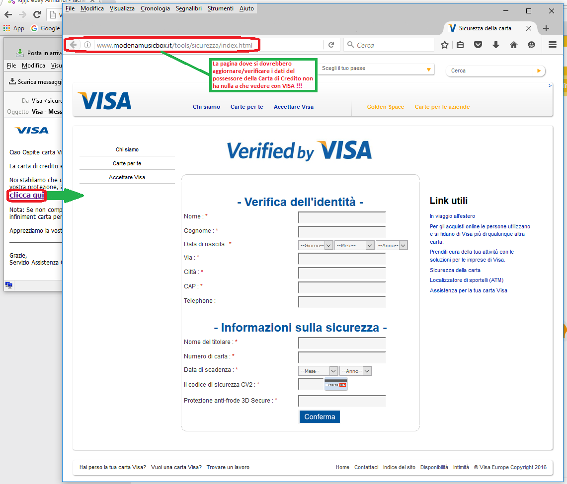 Clicca per ingrandire l'immagine della falso sito di VISA, che cerca di rubare i dati del titolare e della Carta di Credito