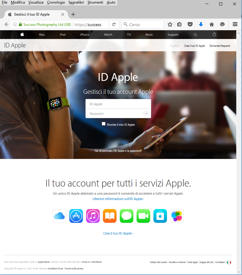 Clicca per ingrandire l'immagine della falsa e-mail di APPLE, che cerca di indurre il ricevente a cliccare sui link per rubare le credenziali di accesso a ITunes Apple