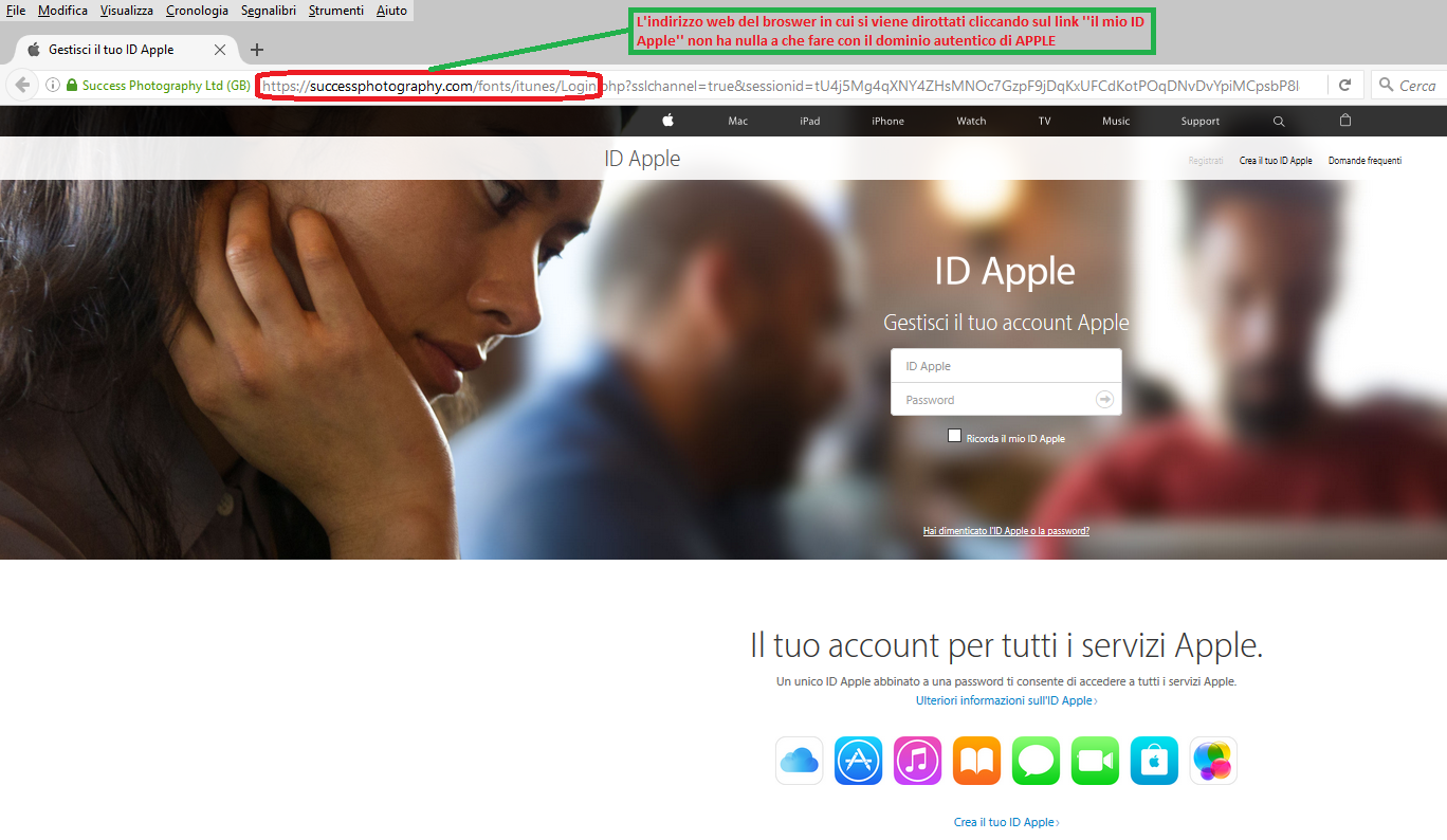 Clicca per ingrandire l'immagine della falsa e-mail di APPLE, che cerca di indurre il ricevente a cliccare sui link per rubare le credenziali di accesso a ITunes Apple