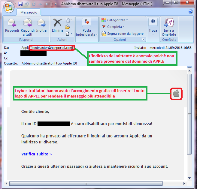 Clicca per ingrandire l'immagine della falsa e-mail di APPLE, che cerca di indurre il ricevente a cliccare sui link per rubare le credenziali di accesso a APPLE STORE