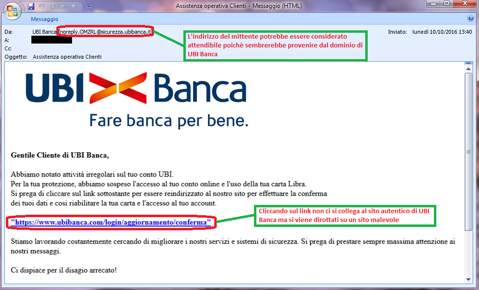 Clicca per ingrandire l'immagine della falsa e-mail di UBI Banca, che cerca di rubare le credenziali di accesso al conto corrente