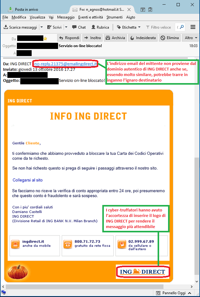 Clicca per ingrandire l'immagine della falsa e-mail di ING DIRECT, che cerca di rubare le credenziali di accesso al conto corrente