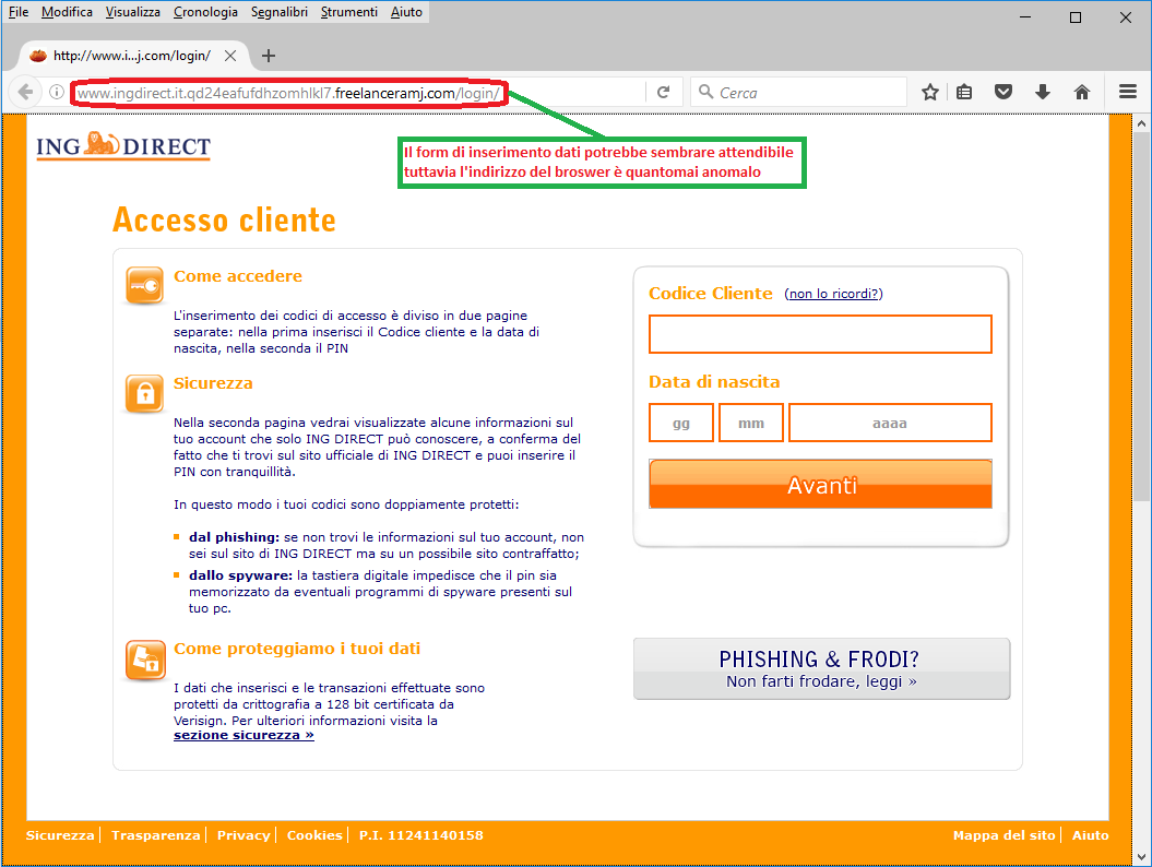 Clicca per ingrandire l'immagine della falsa pagina di ING DIRECT, che cerca di rubare le credenziali di accesso al conto corrente