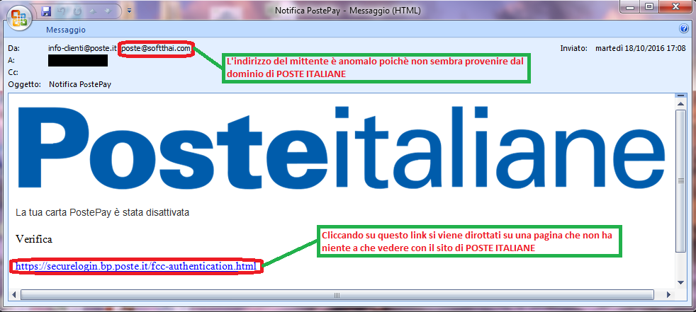Clicca per ingrandire l'immagine della falsa e-mail di POSTE ITALIANE, che cerca di rubare i codici della PostePay