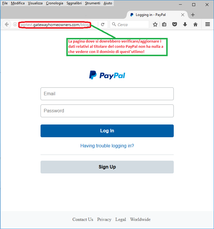 Clicca per ingrandire l'immagine del FALSA pagina di PAYPAL, che cerca di rubare i codici di accesso al conto corrente online