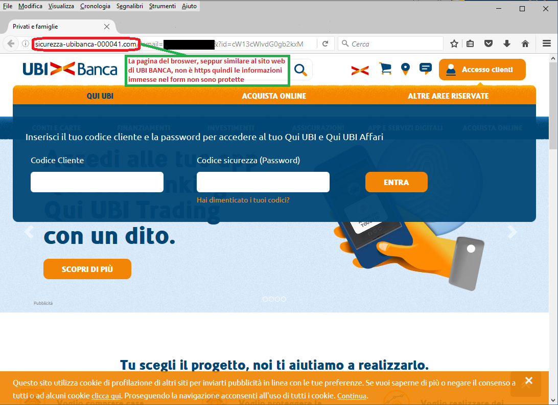 Clicca per ingrandire l'immagine della falsa pagina di UBI Banca, che cerca di rubare le credenziali di accesso al conto corrente
