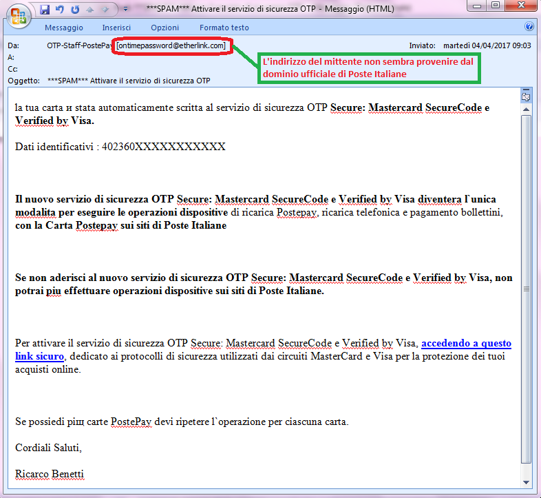 Clicca per ingrandire l'immagine della falsa e-mail di PostePay, che richiede di attivare il servizio di sicurezza OTP con lo scopo di rubare le credenziali della PostePay dell'ignaro ricevente