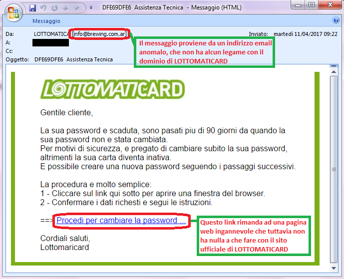 Clicca per ingrandire l'immagine della falsa e-mail di LOTTOMATICARD, che cerca di rubare i codici della carta prepagata ricaricabile