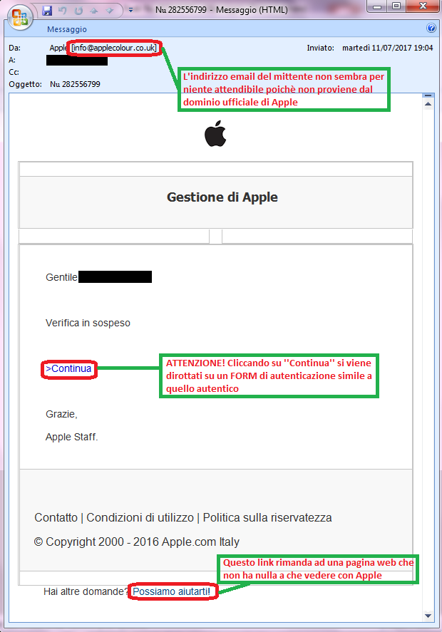 Clicca per ingrandire l'immagine della falsa e-mail di APPLE, che cerca di indurre il ricevente a cliccare sui link per rubare le credenziali di accesso di Apple ID