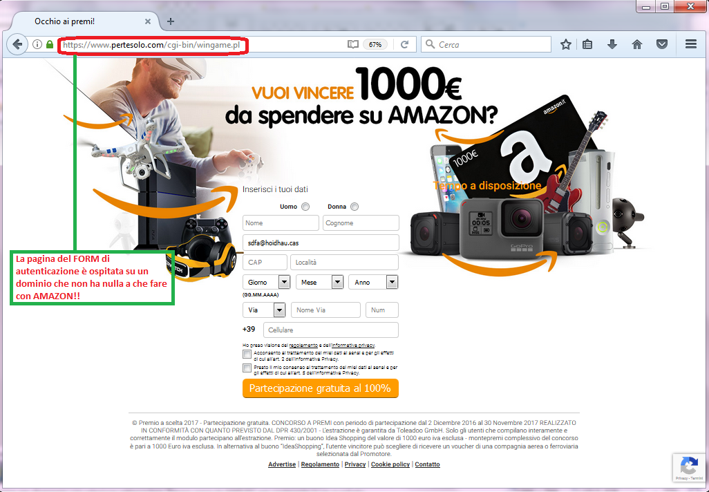 Clicca per ingrandire l'immagine del falso FORM di autenticazione di AMAZON, che invita l'utente ad inserire i suoi dati per poter partecipare all'estrazione del premio/buono di 1000€ ma che in realtà è una TRUFFA!